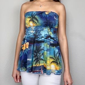 Blue Shirred Palm Tree Sunset Aloha Hawaii Strapless Top | BaBa Hawaii